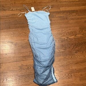 Light Blue Sparkly Ruched Spaghetti Strap Dress